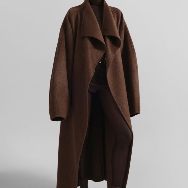 The Frankie Shop Leroy Funnel Neck Wool Coat - Brown Melange - Oversized Minimalist Coats in Beige - Shop at Coveti