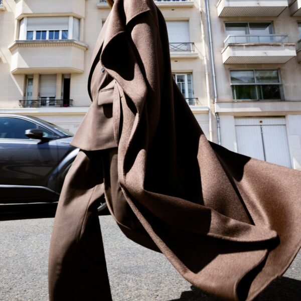 The Frankie Shop Leroy Funnel Neck Wool Coat - Brown Melange - Oversized Minimalist Coats in Beige - Shop at Coveti