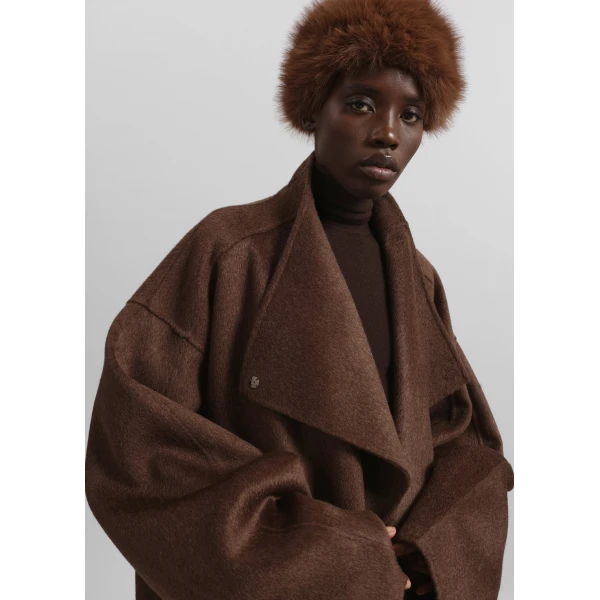The Frankie Shop Leroy Funnel Neck Wool Coat – Brown Melange, view 6