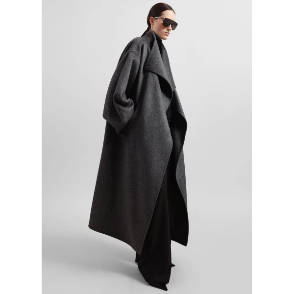 The Frankie Shop Leroy Funnel Neck Wool Coat – Dark Grey Melange, view 2