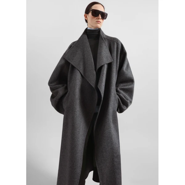 The Frankie Shop Leroy Funnel Neck Wool Coat – Dark Grey Melange, view 3