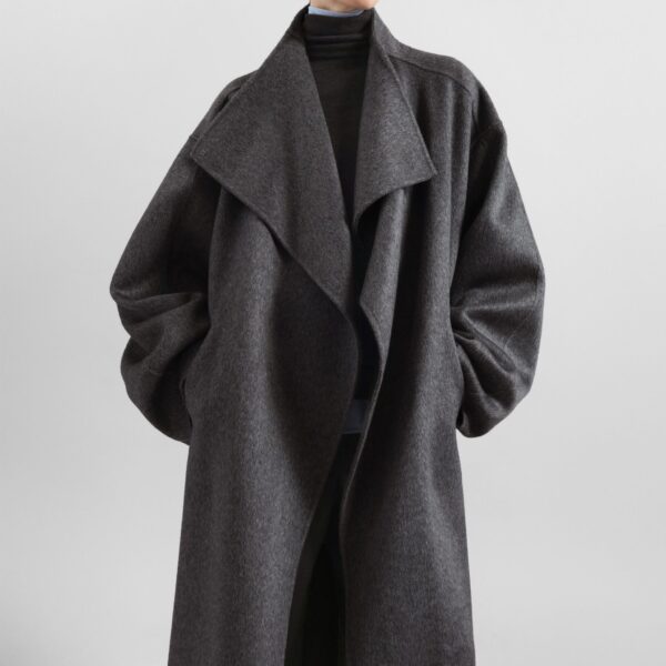 The Frankie Shop Leroy Funnel Neck Wool Coat - Dark Grey Melange - Oversized Minimalist Coats in Grey - Shop at Coveti