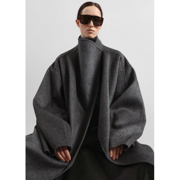 The Frankie Shop Leroy Funnel Neck Wool Coat – Dark Grey Melange, view 4
