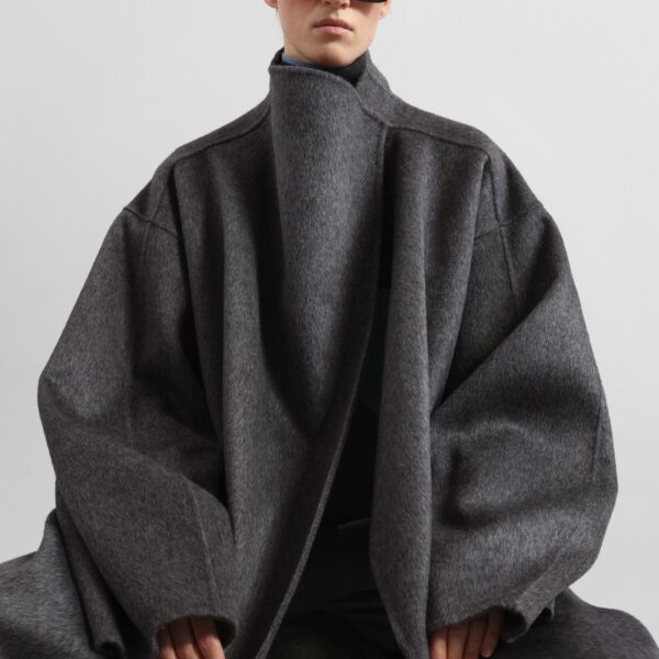 The Frankie Shop Leroy Funnel Neck Wool Coat - Dark Grey Melange - Oversized Minimalist Coats in Grey - Shop at Coveti