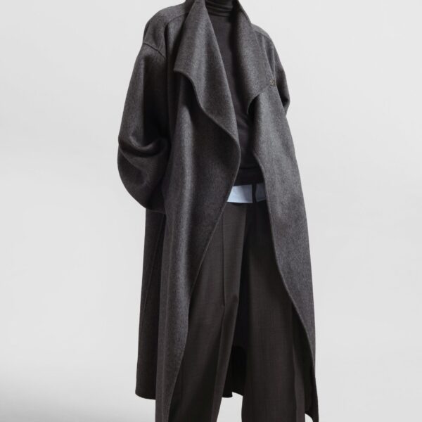 The Frankie Shop Leroy Funnel Neck Wool Coat - Dark Grey Melange - Oversized Minimalist Coats in Grey - Shop at Coveti