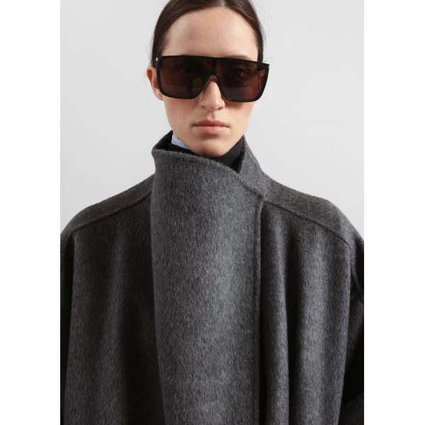 The Frankie Shop Leroy Funnel Neck Wool Coat – Dark Grey Melange, view 6
