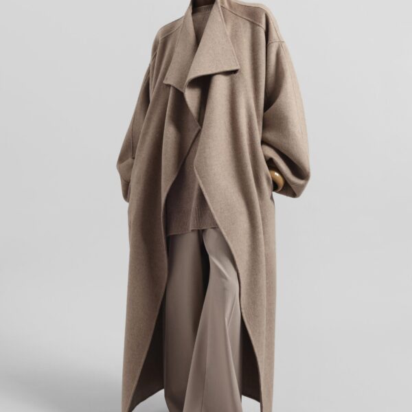 The Frankie Shop Leroy Funnel Neck Wool Coat - Taupe Melange - Oversized Minimalist Coats in Beige - Shop at Coveti