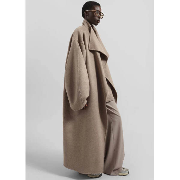 The Frankie Shop Leroy Funnel Neck Wool Coat – Taupe Melange, view 3