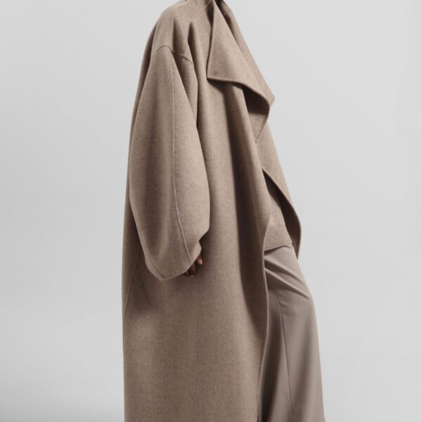 The Frankie Shop Leroy Funnel Neck Wool Coat - Taupe Melange - Oversized Minimalist Coats in Beige - Shop at Coveti