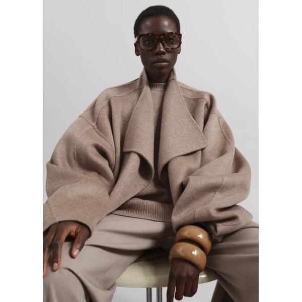 The Frankie Shop Leroy Funnel Neck Wool Coat – Taupe Melange, view 4