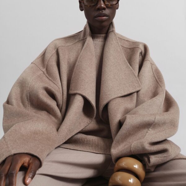 The Frankie Shop Leroy Funnel Neck Wool Coat - Taupe Melange - Oversized Minimalist Coats in Beige - Shop at Coveti
