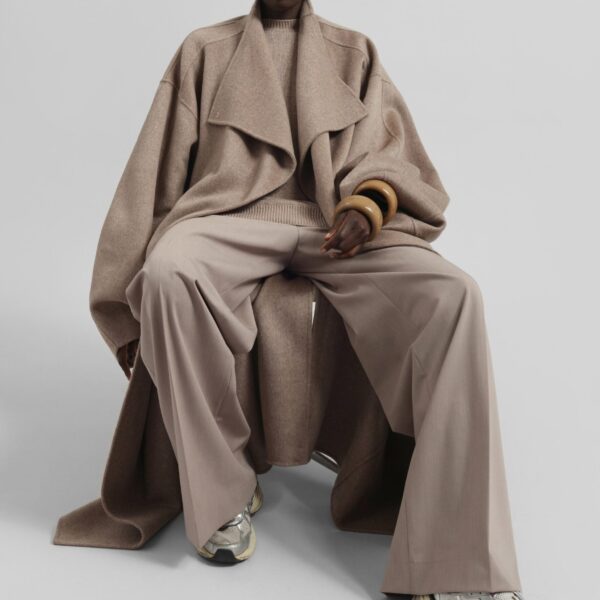 The Frankie Shop Leroy Funnel Neck Wool Coat - Taupe Melange - Oversized Minimalist Coats in Beige - Shop at Coveti