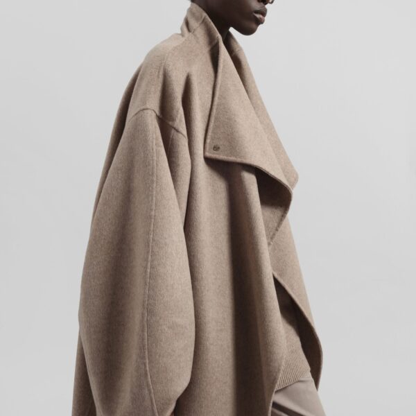 The Frankie Shop Leroy Funnel Neck Wool Coat - Taupe Melange - Oversized Minimalist Coats in Beige - Shop at Coveti