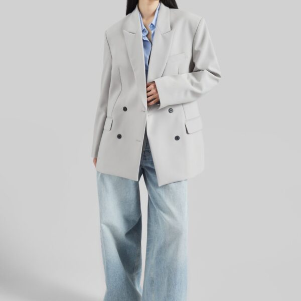 The Frankie Shop Leven Double-Breasted Blazer - Light Grey - Oversized Minimalist Jackets in Grey - Shop at Coveti