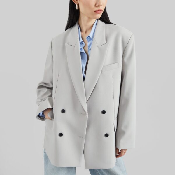 The Frankie Shop Leven Double-Breasted Blazer - Light Grey - Oversized Minimalist Jackets in Grey - Shop at Coveti