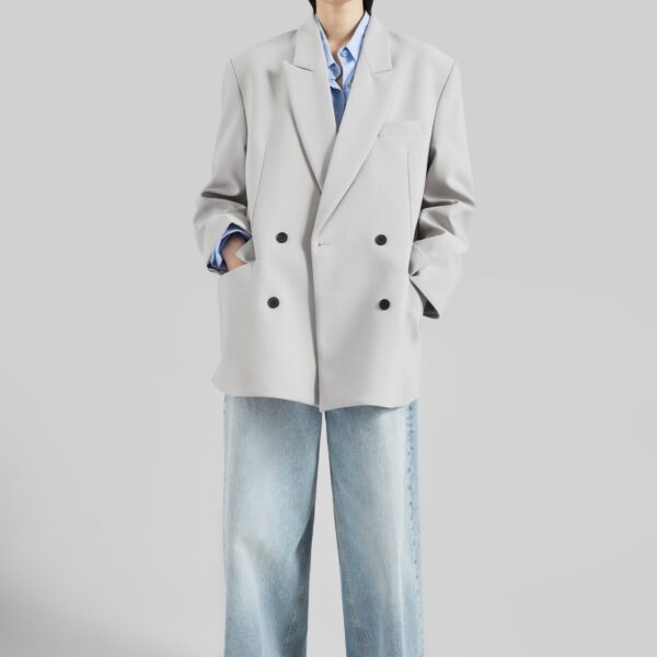 The Frankie Shop Leven Double-Breasted Blazer - Light Grey - Oversized Minimalist Jackets in Grey - Shop at Coveti
