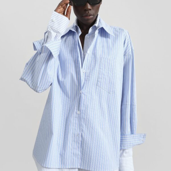 The Frankie Shop Lienz Double Shirt - Blue/White Stripe - Oversized Minimalist Tops in Multicolour - Shop at Coveti