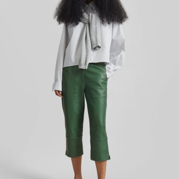 The Frankie Shop Lior Leather Capri Pants - Emerald - Oversized Minimalist Pants in Green - Shop at Coveti
