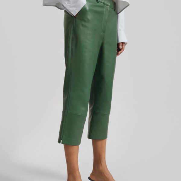 The Frankie Shop Lior Leather Capri Pants - Emerald - Oversized Minimalist Pants in Green - Shop at Coveti