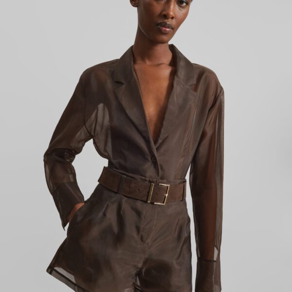 The Frankie Shop Lise Sheer Blazer - Brown - Oversized Minimalist Jackets in Beige - Shop at Coveti