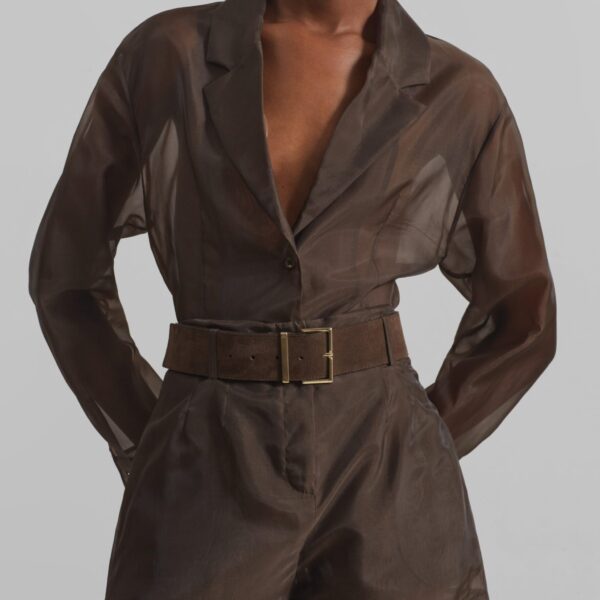 The Frankie Shop Lise Sheer Blazer - Brown - Oversized Minimalist Jackets in Beige - Shop at Coveti