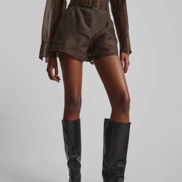 The Frankie Shop Lise Sheer Shorts - Brown - Oversized Minimalist Shorts in Beige - Shop at Coveti