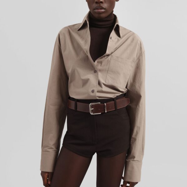 The Frankie Shop Loen Hot Pants - Brown - Oversized Minimalist Shorts in Beige - Shop at Coveti