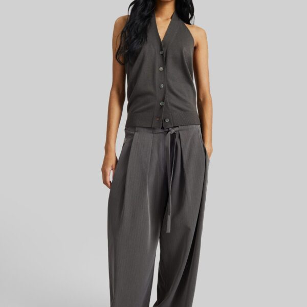 The Frankie Shop Loire Curved Pants - Charcoal Pinstripe - Oversized Minimalist Pants in Multicolour - Shop at Coveti