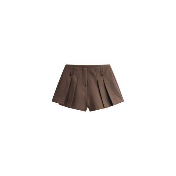 The Frankie Shop Lojsta Pleated Mini Shorts - Brown - Oversized Minimalist Shorts in Beige - Shop at Coveti