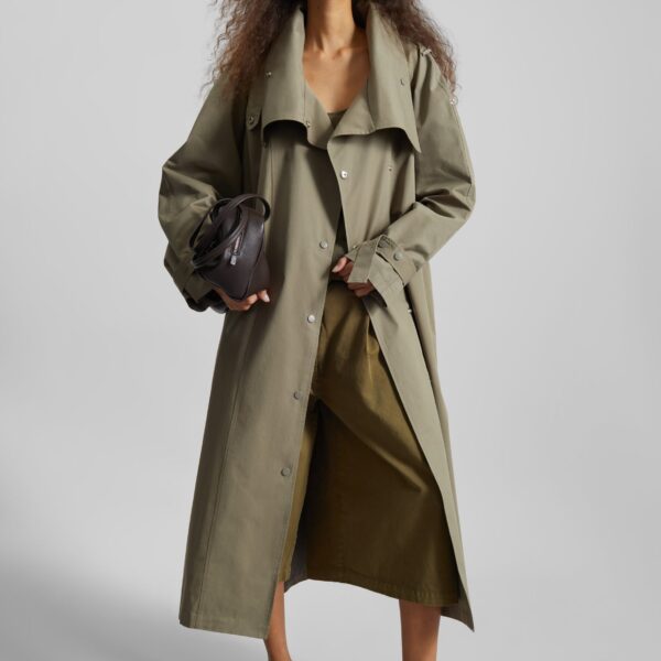 The Frankie Shop Lottie Wing Collar Trench Coat - Olive - Oversized Minimalist Coats in Green - Shop at Coveti