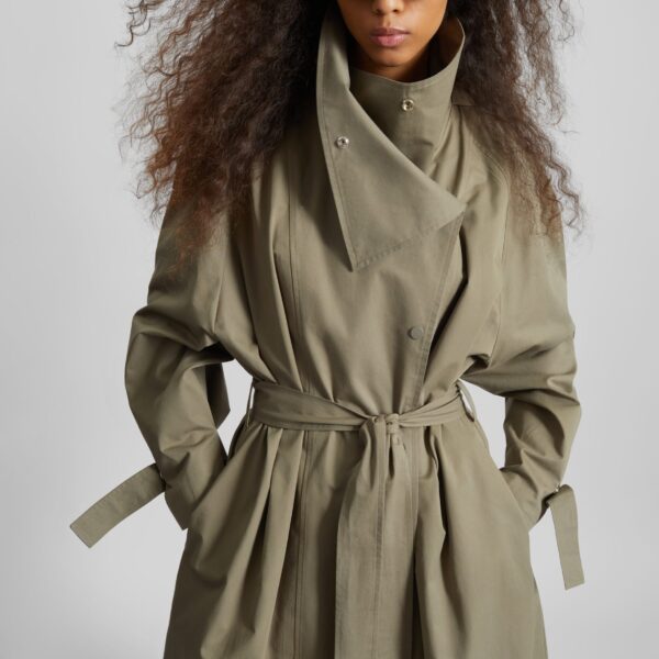 The Frankie Shop Lottie Wing Collar Trench Coat - Olive - Oversized Minimalist Coats in Green - Shop at Coveti