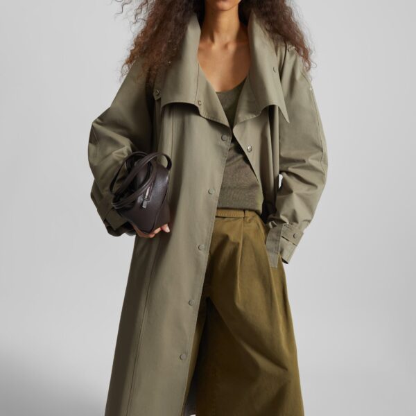 The Frankie Shop Lottie Wing Collar Trench Coat - Olive - Oversized Minimalist Coats in Green - Shop at Coveti