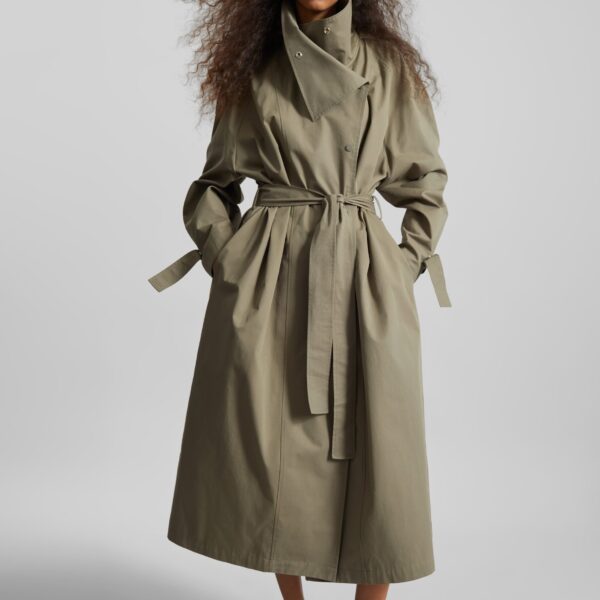 The Frankie Shop Lottie Wing Collar Trench Coat - Olive - Oversized Minimalist Coats in Green - Shop at Coveti