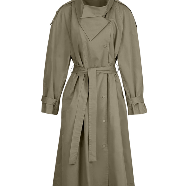 The Frankie Shop Lottie Wing Collar Trench Coat - Olive - Oversized Minimalist Coats in Green - Shop at Coveti