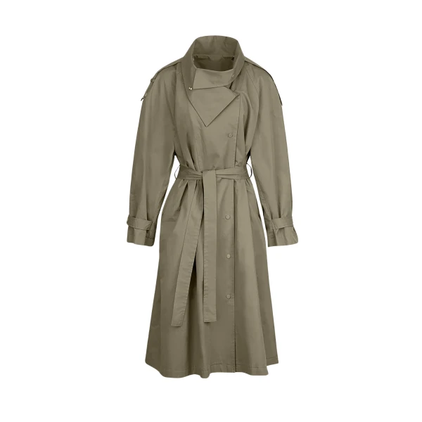 The Frankie Shop Lottie Wing Collar Trench Coat - Olive - Oversized Minimalist Coats in Green - Shop at Coveti