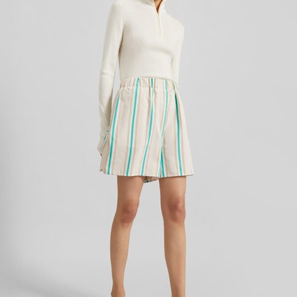The Frankie Shop Lui Fluid Boxer Shorts - Beige Multi Stripe - Oversized Minimalist Shorts in Multicolour - Shop at Coveti