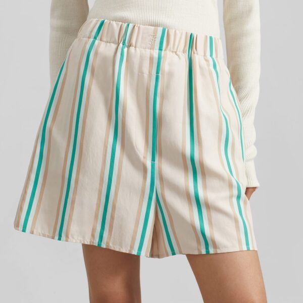The Frankie Shop Lui Fluid Boxer Shorts - Beige Multi Stripe - Oversized Minimalist Shorts in Multicolour - Shop at Coveti