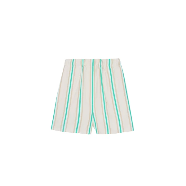 The Frankie Shop Lui Fluid Boxer Shorts - Beige Multi Stripe - Oversized Minimalist Shorts in Multicolour - Shop at Coveti