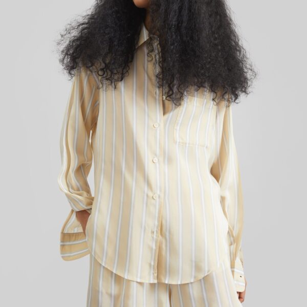 The Frankie Shop Lui Fluid Boxer Shorts - Yellow/White Stripe - Oversized Minimalist Shorts in Multicolour - Shop at Coveti
