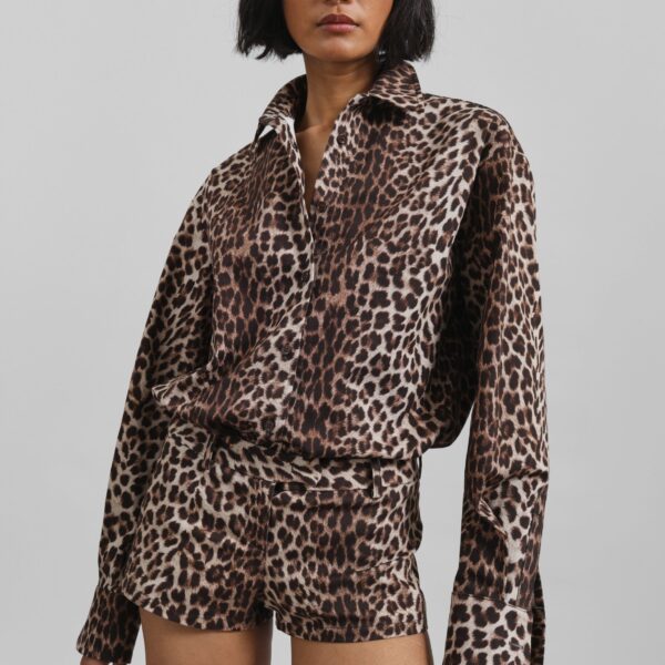The Frankie Shop Lui Leopard Print Shirt - Brown - Oversized Minimalist Tops in Beige - Shop at Coveti