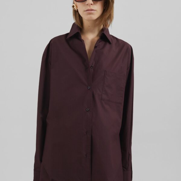 The Frankie Shop Lui Organic Cotton Shirt - Dark Plum - Oversized Minimalist Tops in Purple - Shop at Coveti