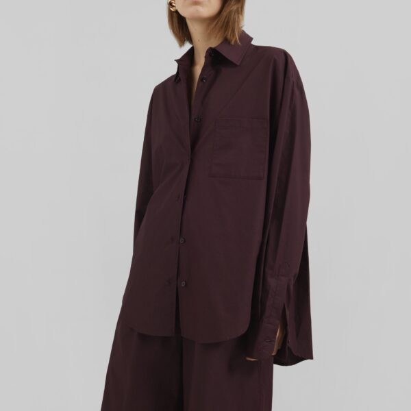 The Frankie Shop Lui Organic Cotton Shirt - Dark Plum - Oversized Minimalist Tops in Purple - Shop at Coveti