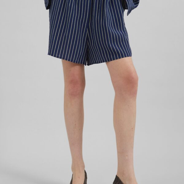 The Frankie Shop Lui Striped Boxer Shorts - Navy/Beige Pinstripe - Oversized Minimalist Shorts in Multicolour - Shop at Coveti