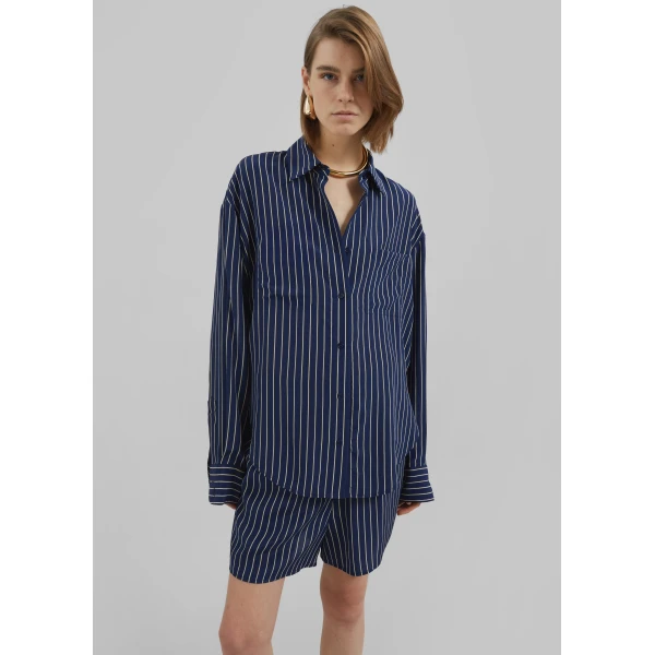 The Frankie Shop Lui Striped Boxer Shorts – Navy/Beige Pinstripe, view 5