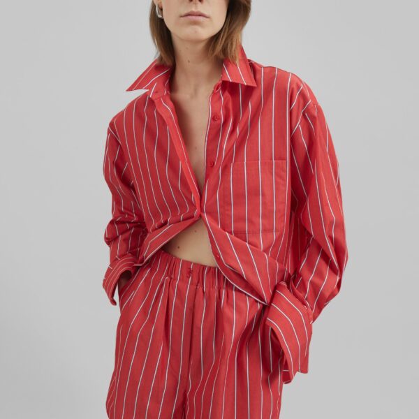 The Frankie Shop Lui Striped Cotton Boxer Shorts - Red/White Stripe - Oversized Minimalist Shorts in Multicolour - Shop at Coveti
