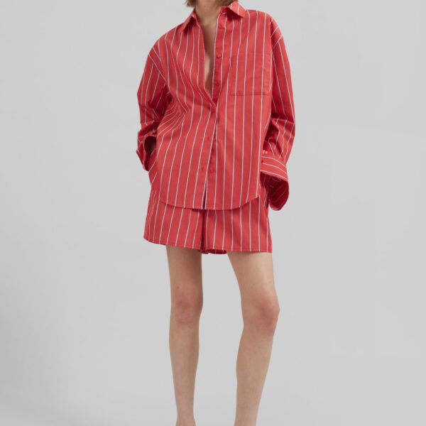 The Frankie Shop Lui Striped Cotton Boxer Shorts - Red/White Stripe - Oversized Minimalist Shorts in Multicolour - Shop at Coveti