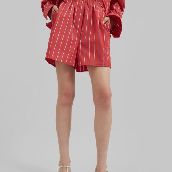 The Frankie Shop Lui Striped Cotton Boxer Shorts - Red/White Stripe - Oversized Minimalist Shorts in Multicolour - Shop at Coveti