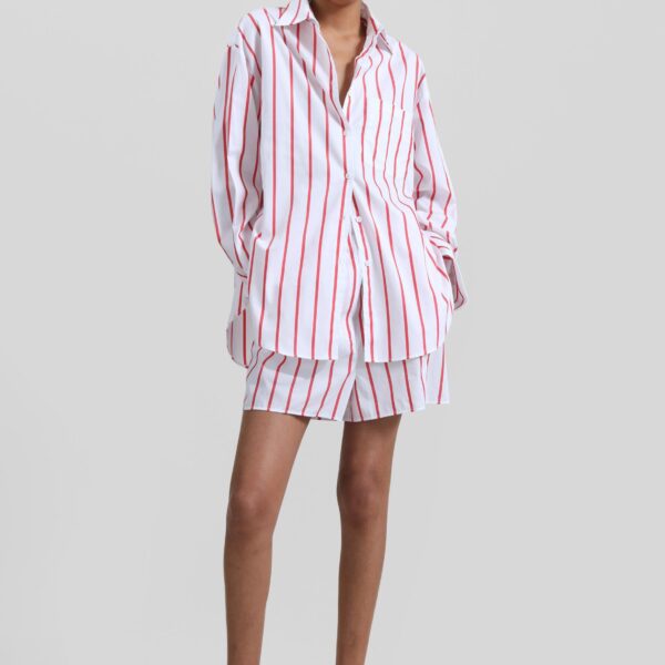 The Frankie Shop Lui Striped Cotton Shirt - White/Red Stripe - Oversized Minimalist Tops in Multicolour - Shop at Coveti