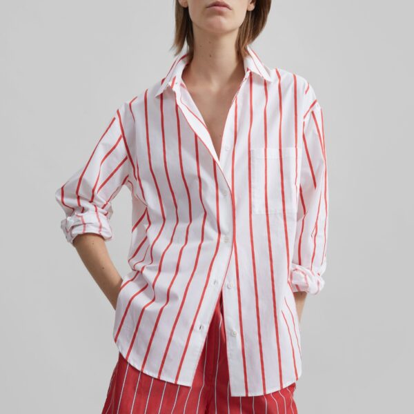 The Frankie Shop Lui Striped Cotton Shirt - White/Red Stripe - Oversized Minimalist Tops in Multicolour - Shop at Coveti