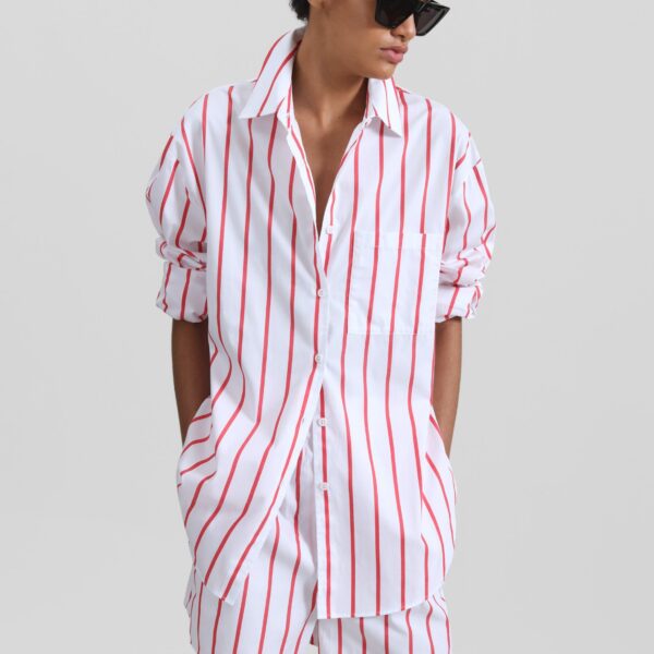 The Frankie Shop Lui Striped Cotton Shirt - White/Red Stripe - Oversized Minimalist Tops in Multicolour - Shop at Coveti